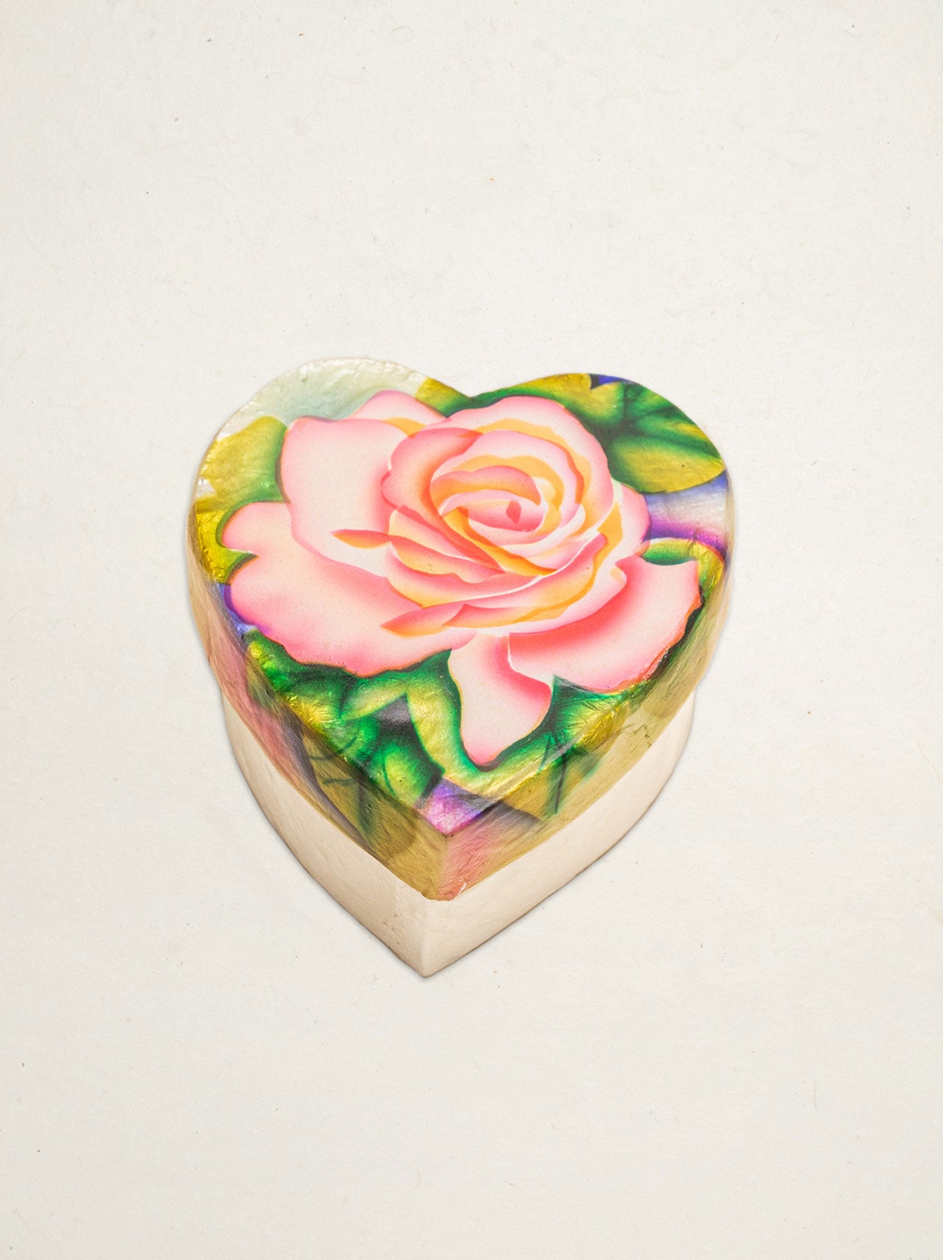 Pink Rose Capiz Shell Heart Jewelry Box Made From Windowpane