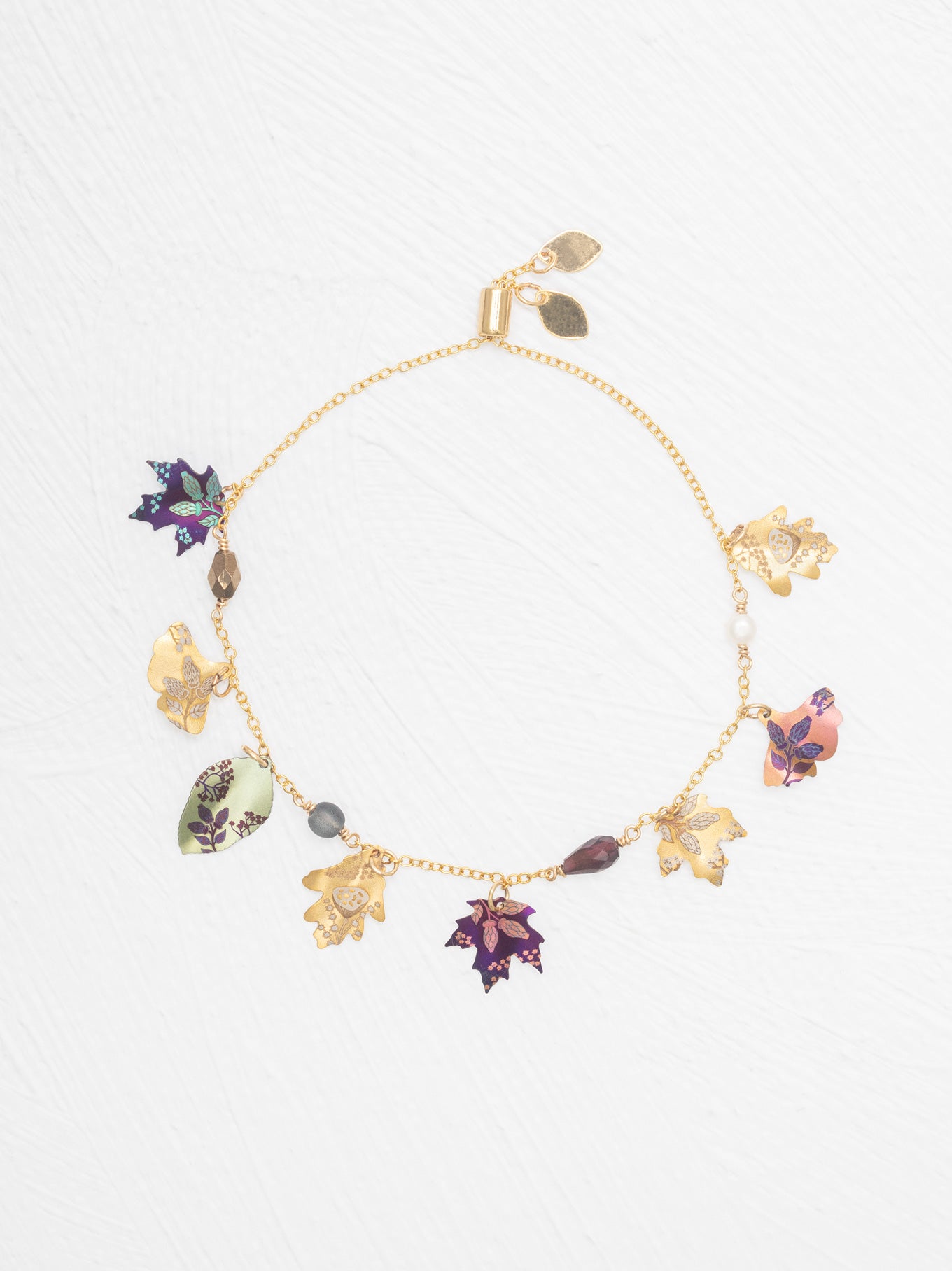 Falling Leaves Bracelet – Niobium Leaves, Freshwater Pearl, Garnet