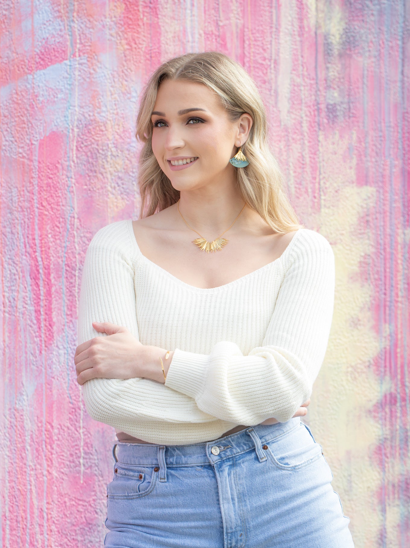 Aster Earrings: Fan Shape with Niobium, Gold, and Crystal